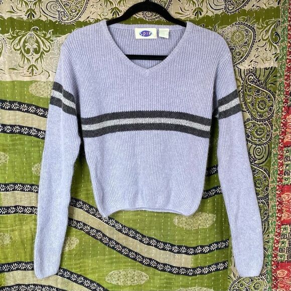 Vintage 90's Light Blue Spin Cropped Ramie Blend Stripped Sweater Size Medium - Picture 1 of 13